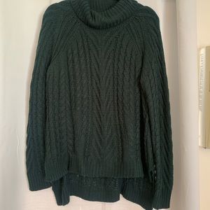 Cowl neck cable sweater, high low hem, deep forest green, XL